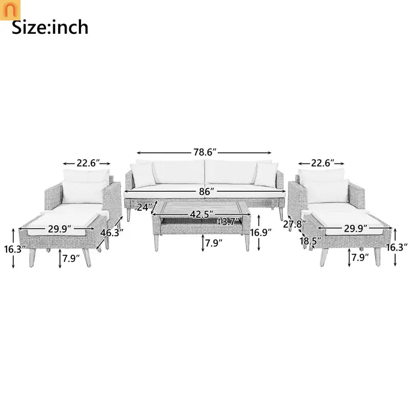 Outdoor Sofa Set PE Wicker Gray Beige 6 Piece Loveseat Ottoman