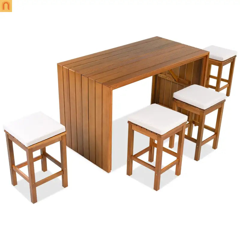 Outdoor Bar Set Acacia Wood Natural Beige Cushion 5 Piece Bar Stools