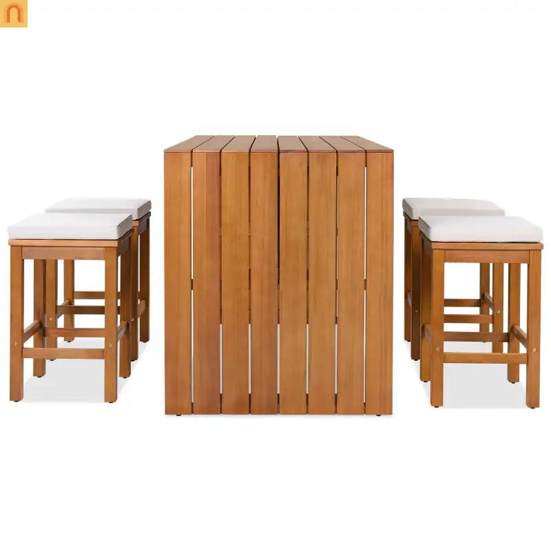 Outdoor Bar Set Acacia Wood Natural Beige Cushion 5 Piece Bar Stools