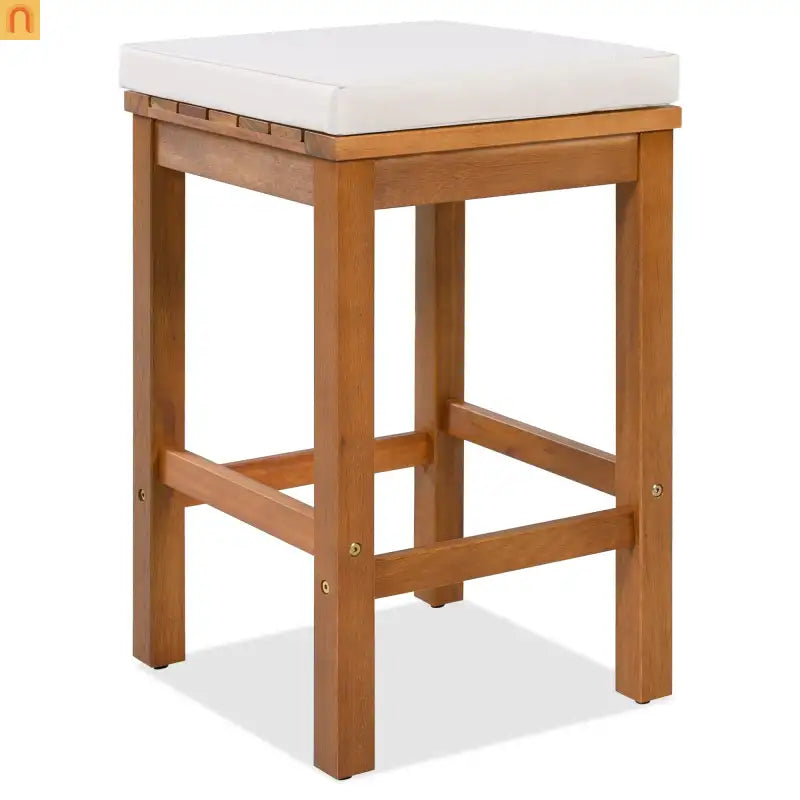Outdoor Bar Set Acacia Wood Natural Beige Cushion 5 Piece Bar Stools