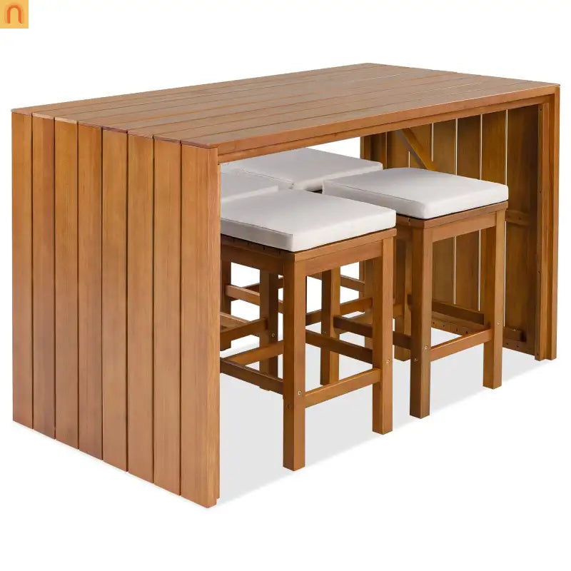 Outdoor Bar Set Acacia Wood Natural Beige Cushion 5 Piece Bar Stools