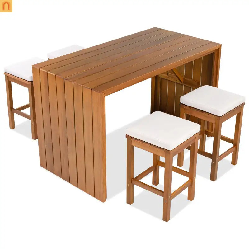Outdoor Bar Set Acacia Wood Natural Beige Cushion 5 Piece Bar Stools