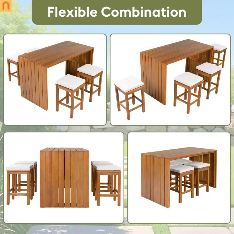 Outdoor Bar Set Acacia Wood Natural Beige Cushion 5 Piece Bar Stools