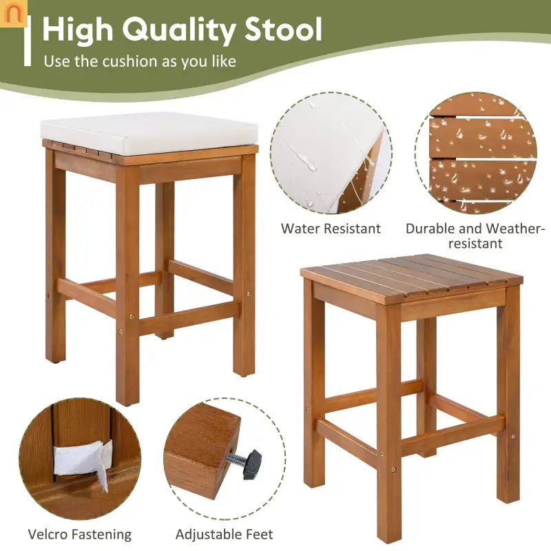 Outdoor Bar Set Acacia Wood Natural Beige Cushion 5 Piece Bar Stools