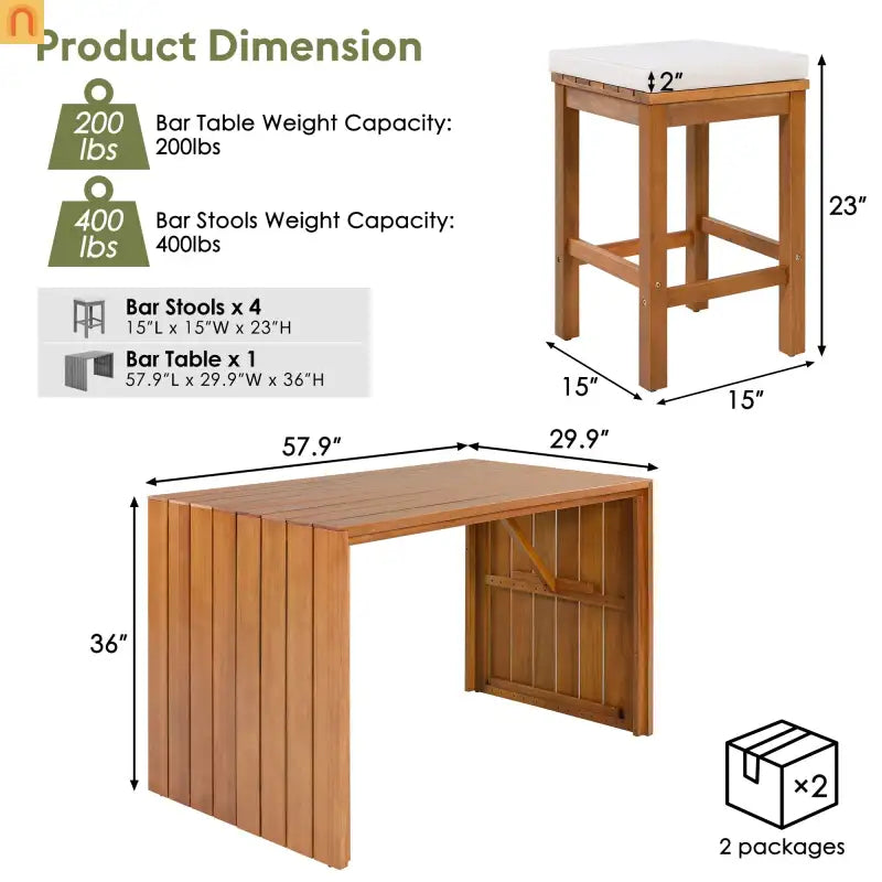 Outdoor Bar Set Acacia Wood Natural Beige Cushion 5 Piece Bar Stools