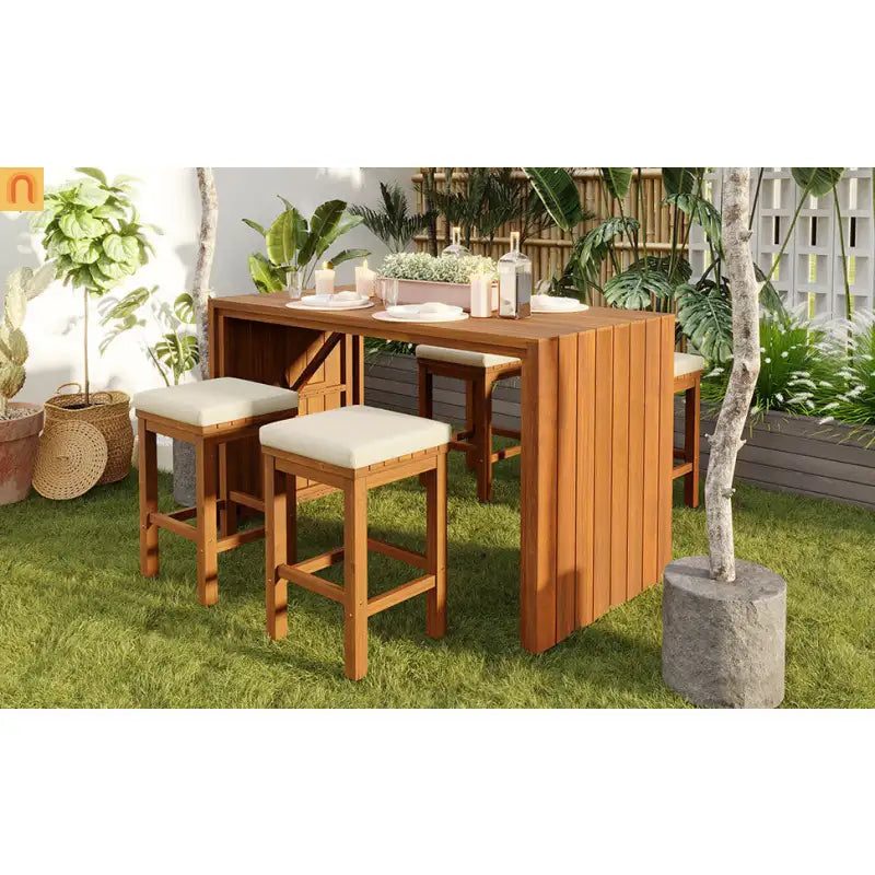 Outdoor Bar Set Acacia Wood Natural Beige Cushion 5 Piece Bar Stools