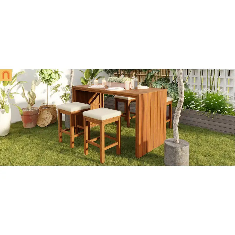 Outdoor Bar Set Acacia Wood Natural Beige Cushion 5 Piece Bar Stools