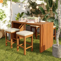 Outdoor Bar Set Acacia Wood Natural Beige Cushion 5 Piece Bar Stools