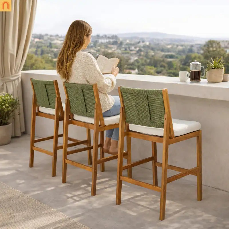 Outdoor Bar Stool Acacia Wood Wicker Green Cream Cushion Set of 4