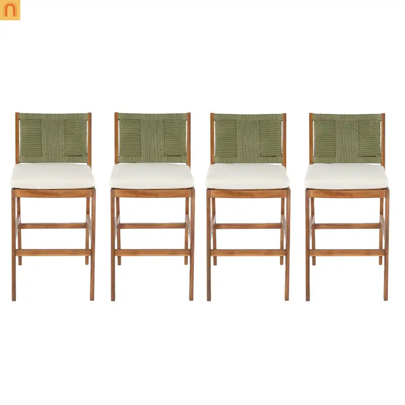 Outdoor Bar Stool Acacia Wood Wicker Green Cream Cushion Set of 4