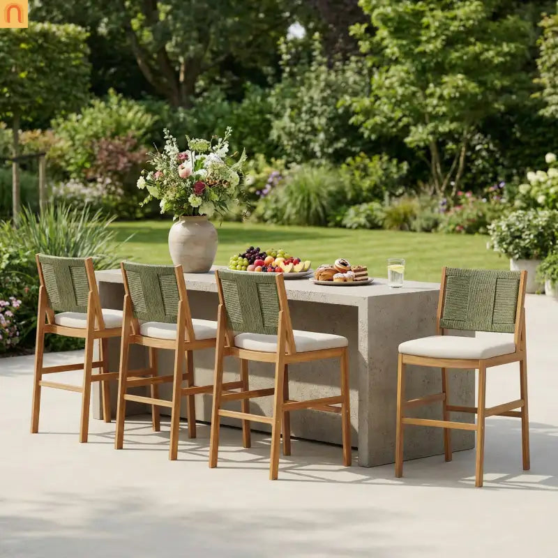 Outdoor Bar Stool Acacia Wood Wicker Green Cream Cushion Set of 4