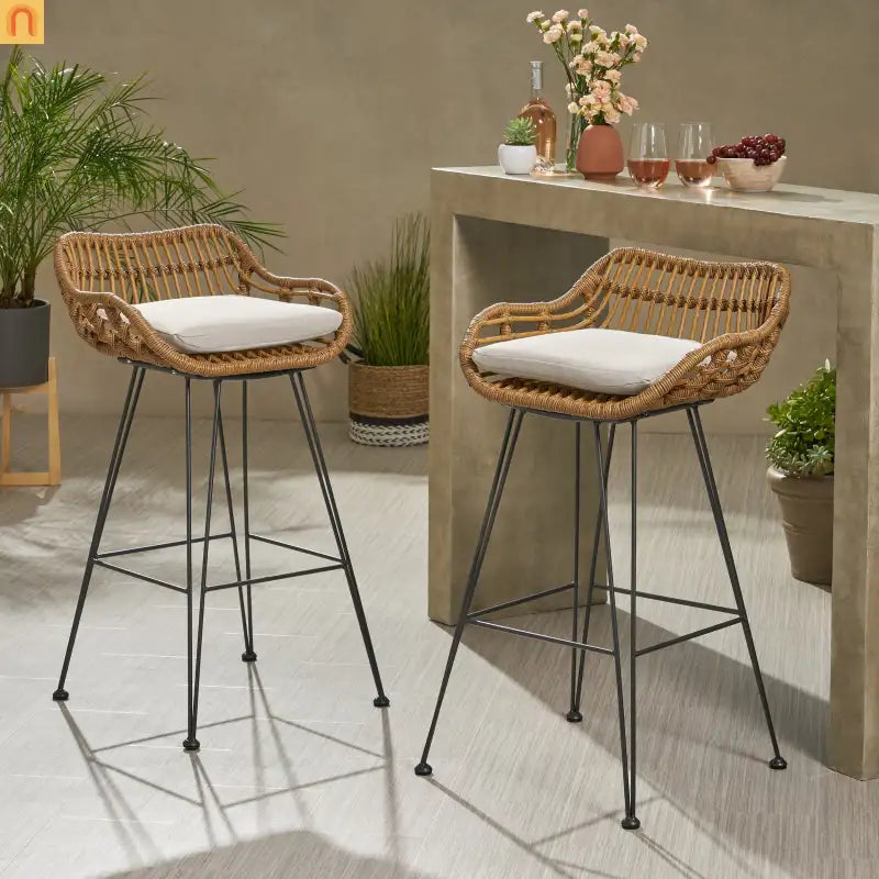 Outdoor Bar Stool Rattan Beige Cushion Metal Legs 38in Set of 2