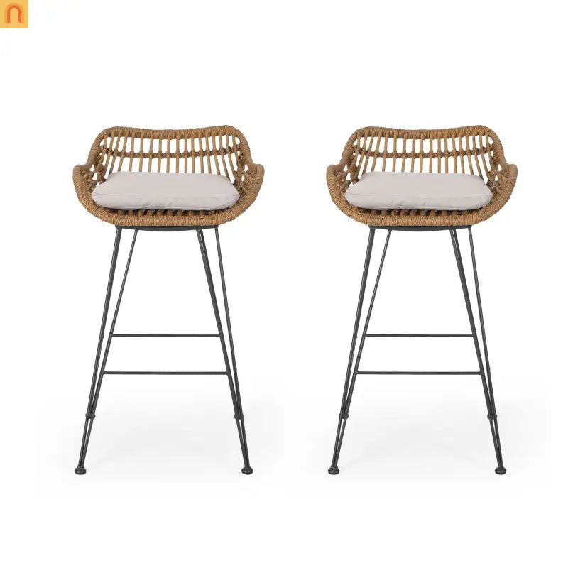 Outdoor Bar Stool Rattan Beige Cushion Metal Legs 38in Set of 2