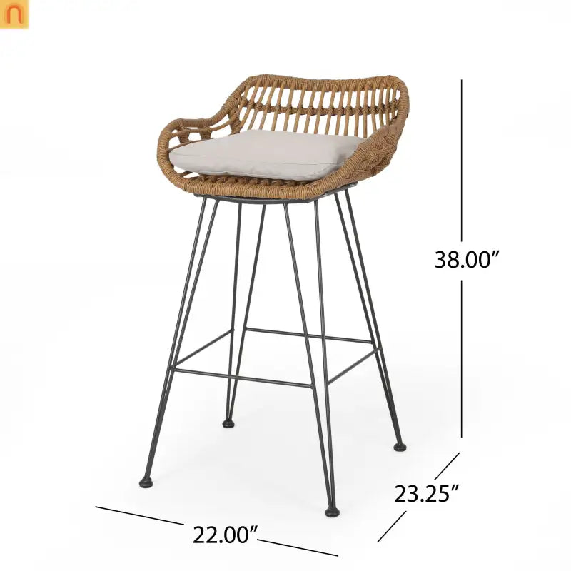 Outdoor Bar Stool Rattan Beige Cushion Metal Legs 38in Set of 2