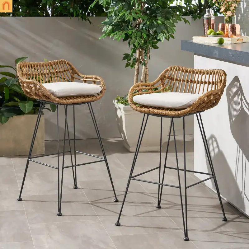 Outdoor Bar Stool Rattan Beige Cushion Metal Legs 38in Set of 2