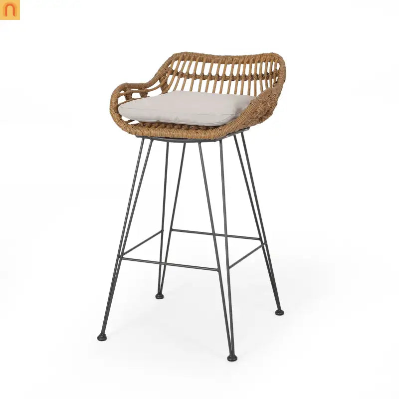 Outdoor Bar Stool Rattan Beige Cushion Metal Legs 38in Set of 2
