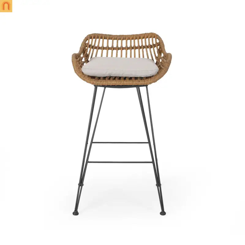 Outdoor Bar Stool Rattan Beige Cushion Metal Legs 38in Set of 2