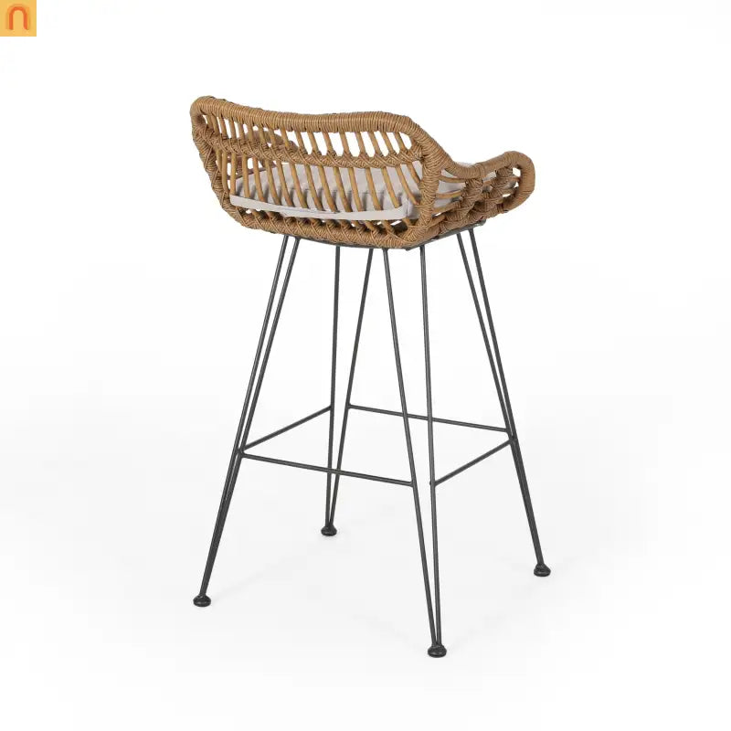 Outdoor Bar Stool Rattan Beige Cushion Metal Legs 38in Set of 2