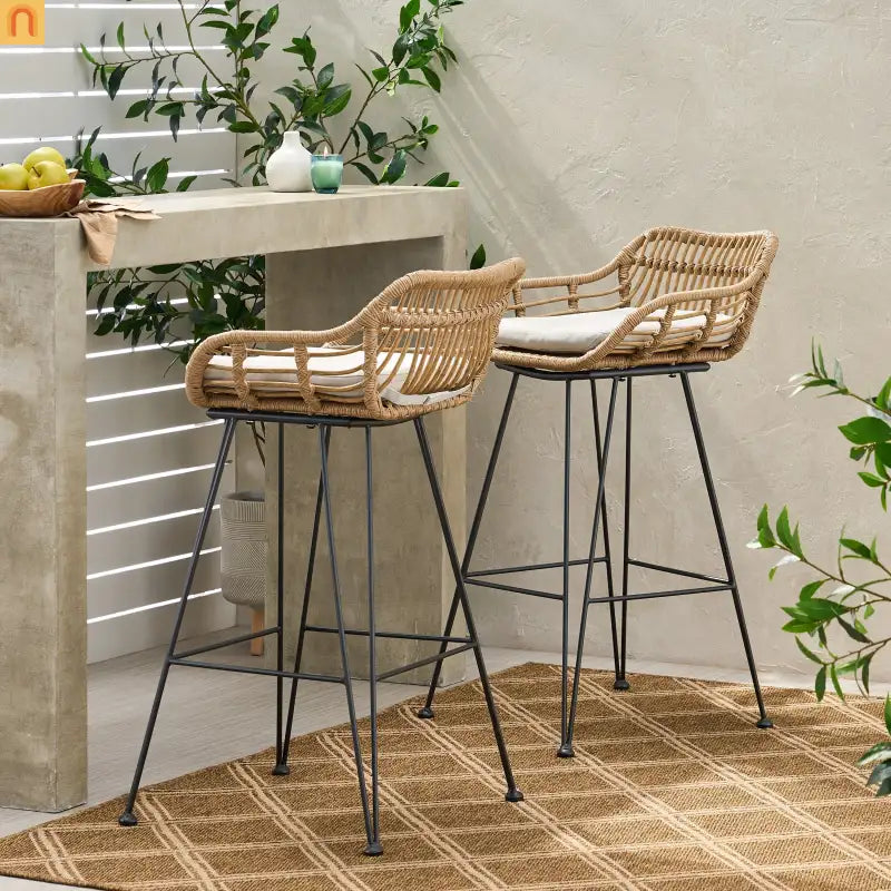 Outdoor Bar Stool Rattan Beige Cushion Metal Legs 38in Set of 2