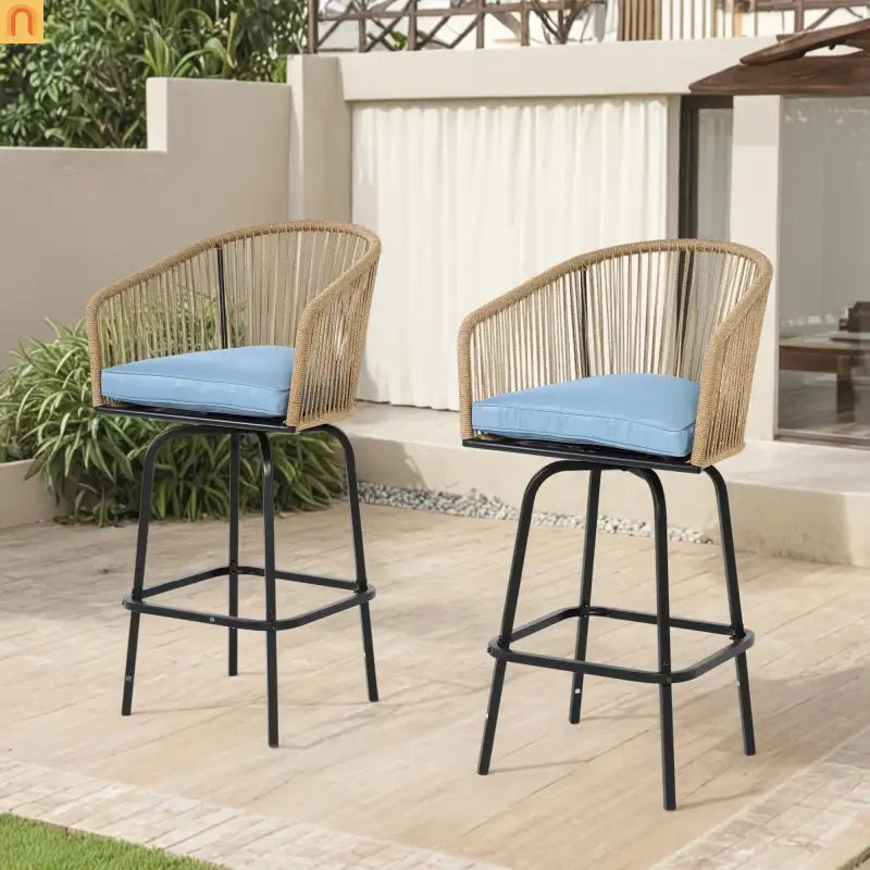Outdoor Bar Stool PE Rattan Steel Blue Armrest Backrest Set of 2