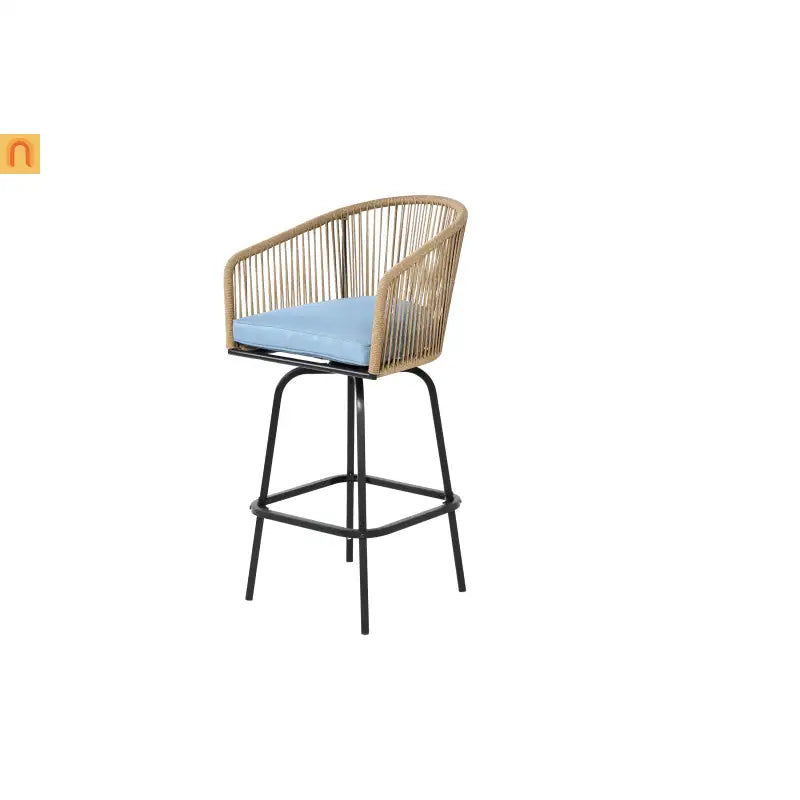 Outdoor Bar Stool PE Rattan Steel Blue Armrest Backrest Set of 2