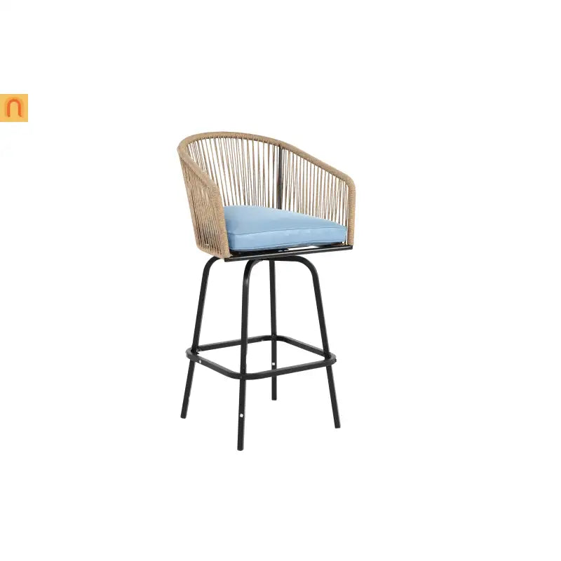 Outdoor Bar Stool PE Rattan Steel Blue Armrest Backrest Set of 2