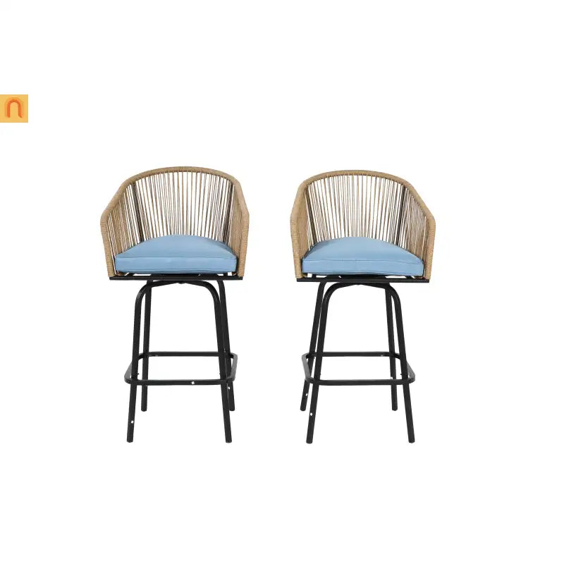 Outdoor Bar Stool PE Rattan Steel Blue Armrest Backrest Set of 2