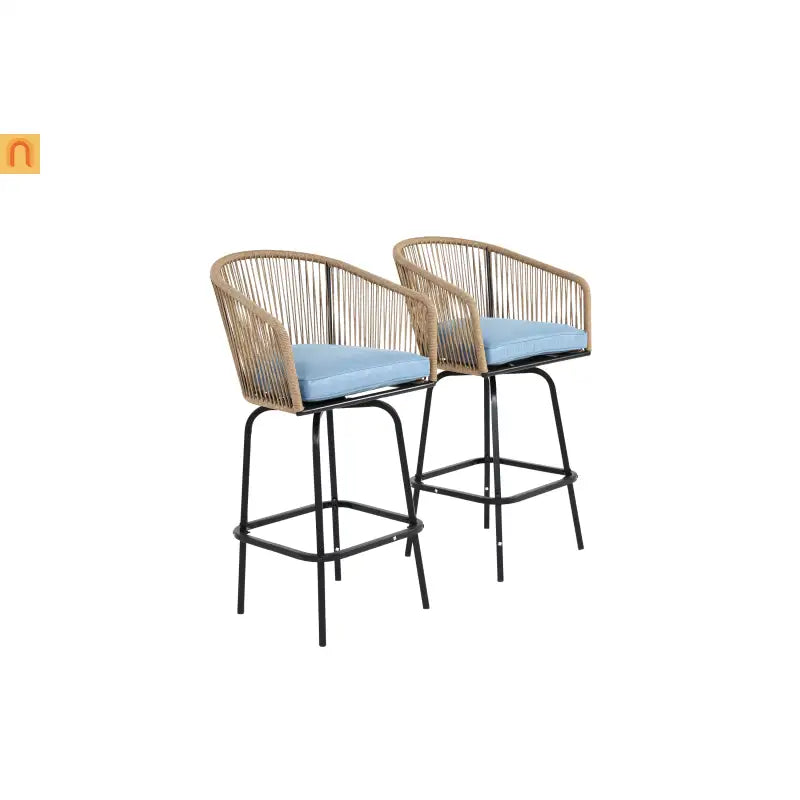 Outdoor Bar Stool PE Rattan Steel Blue Armrest Backrest Set of 2