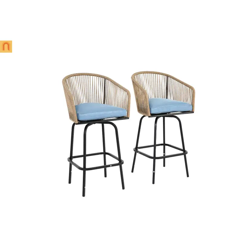 Outdoor Bar Stool PE Rattan Steel Blue Armrest Backrest Set of 2