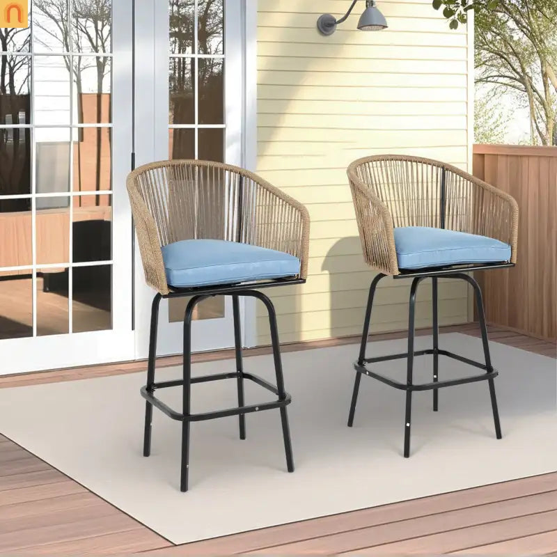 Outdoor Bar Stool PE Rattan Steel Blue Armrest Backrest Set of 2