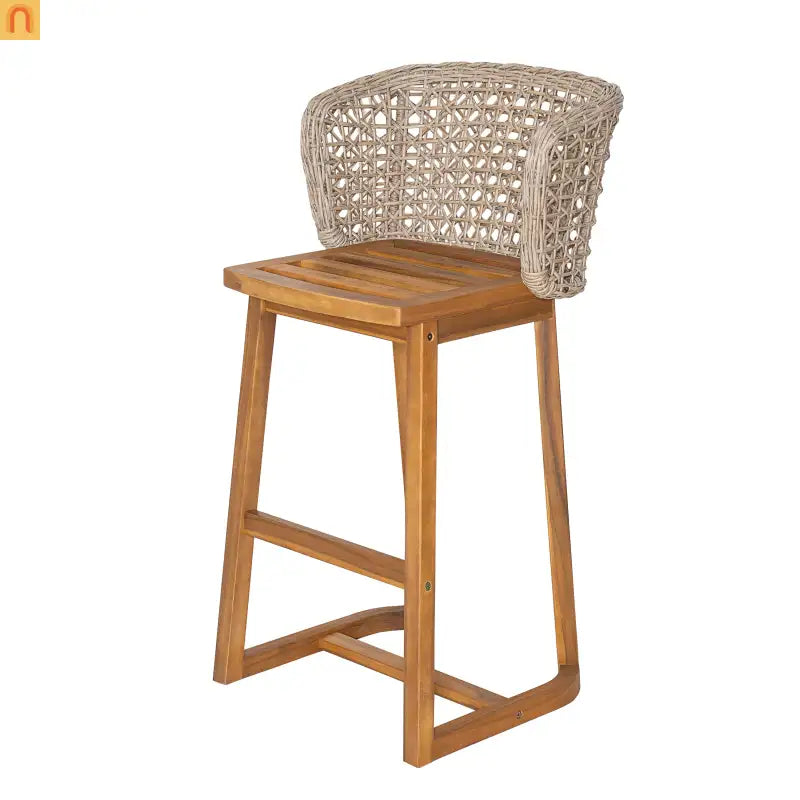 Outdoor Bar Stool Acacia Wood Wicker Back Teak Beige Cushion Set of 2