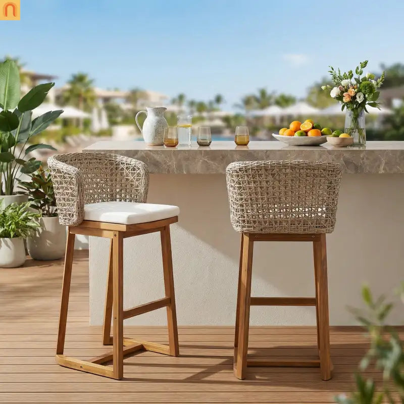 Outdoor Bar Stool Acacia Wood Wicker Back Teak Beige Cushion Set of 2