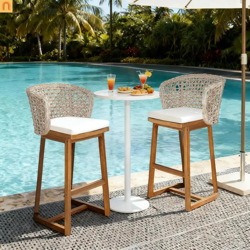 Outdoor Bar Stool Acacia Wood Wicker Back Teak Beige Cushion Set of 2