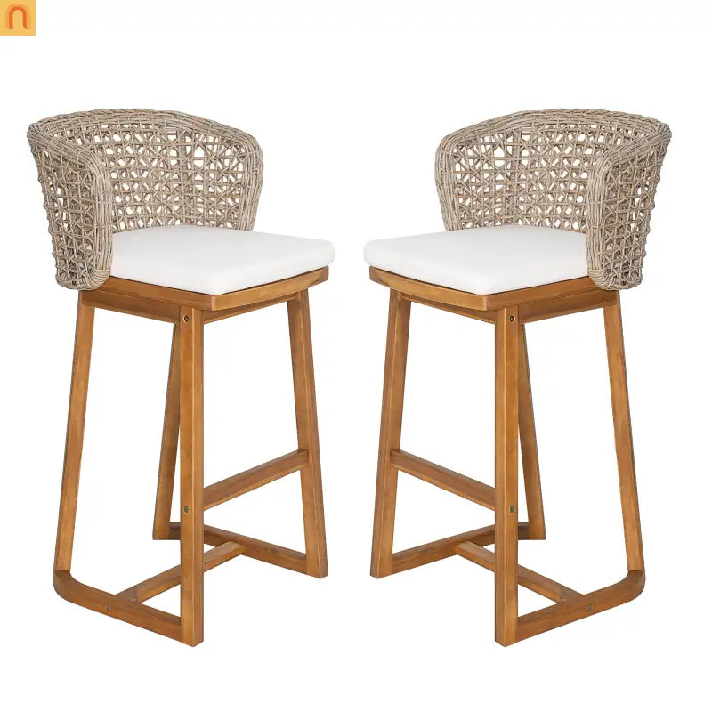 Outdoor Bar Stool Acacia Wood Wicker Back Teak Beige Cushion Set of 2