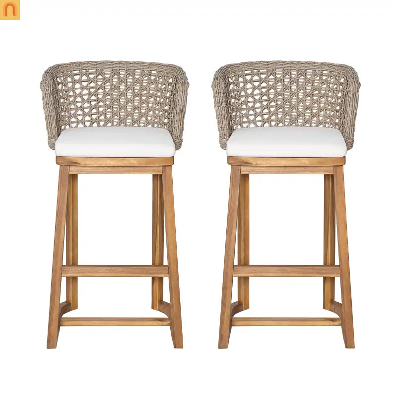 Outdoor Bar Stool Acacia Wood Wicker Back Teak Beige Cushion Set of 2