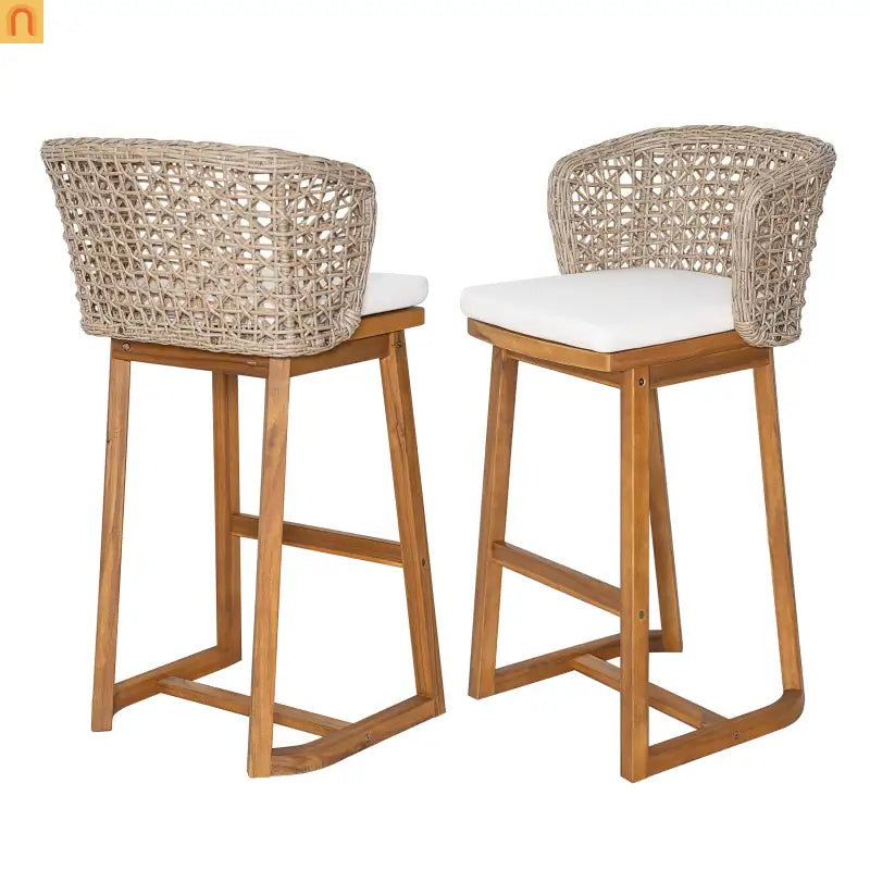 Outdoor Bar Stool Acacia Wood Wicker Back Teak Beige Cushion Set of 2