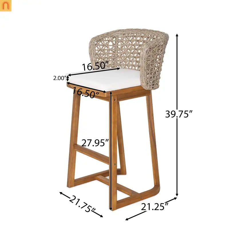 Outdoor Bar Stool Acacia Wood Wicker Back Teak Beige Cushion Set of 2