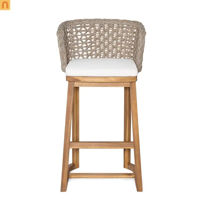 Outdoor Bar Stool Acacia Wood Wicker Back Teak Beige Cushion Set of 2