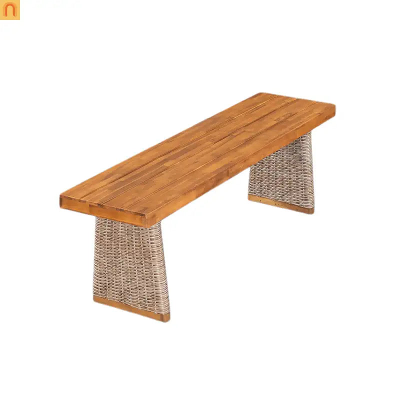Outdoor Bench Acacia Wood Wicker Legs Teak Brown 57in