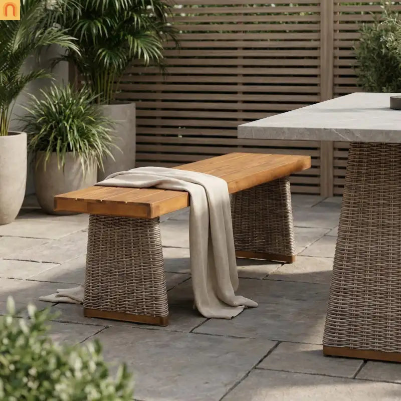 Outdoor Bench Acacia Wood Wicker Legs Teak Brown 57in