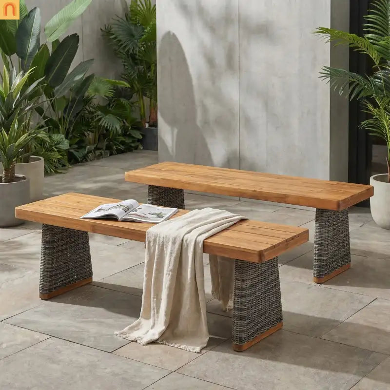 Outdoor Bench Acacia Wood Wicker Legs Teak Gray 57in Set of 2