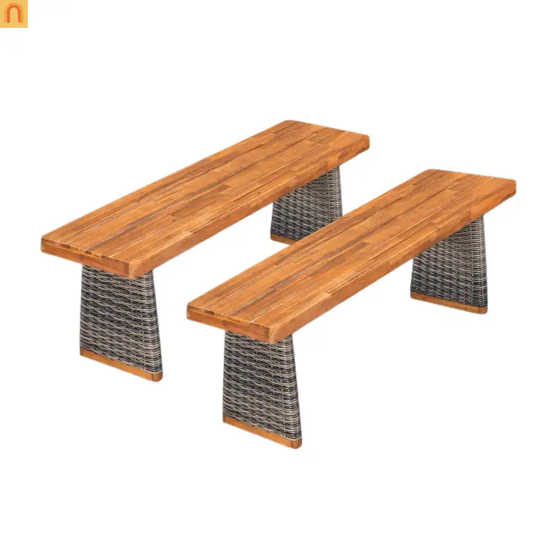 Outdoor Bench Acacia Wood Wicker Legs Teak Gray 57in Set of 2