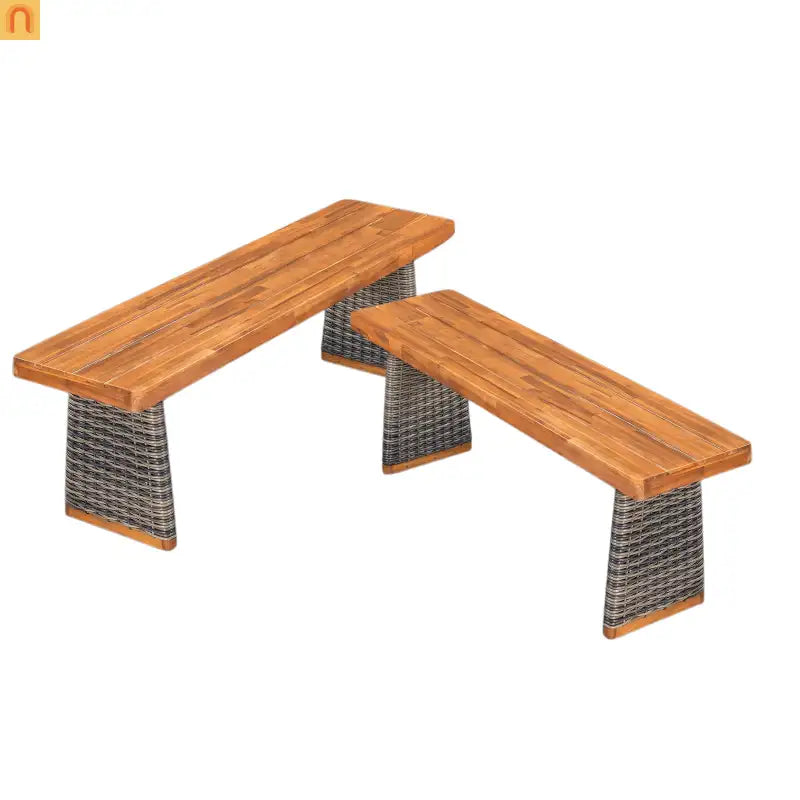 Outdoor Bench Acacia Wood Wicker Legs Teak Gray 57in Set of 2
