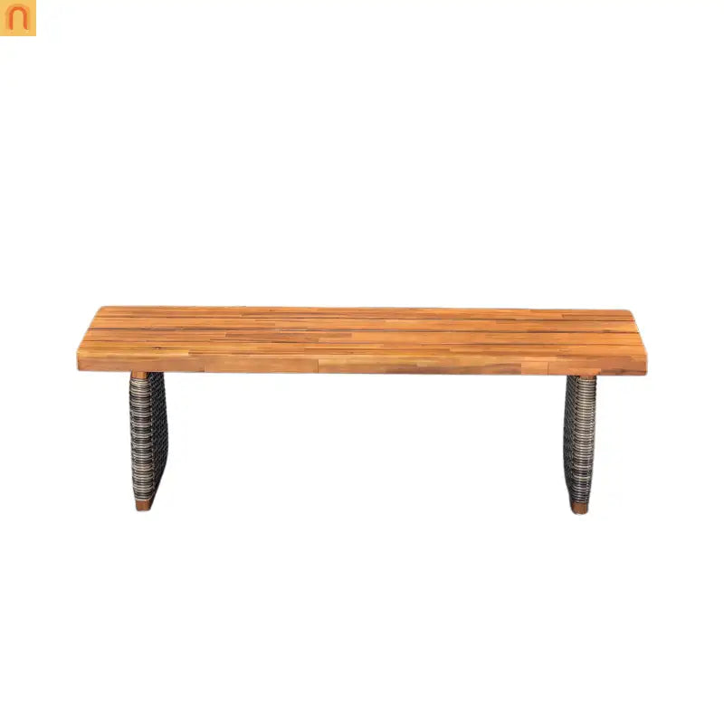 Outdoor Bench Acacia Wood Wicker Legs Teak Gray 57in Set of 2