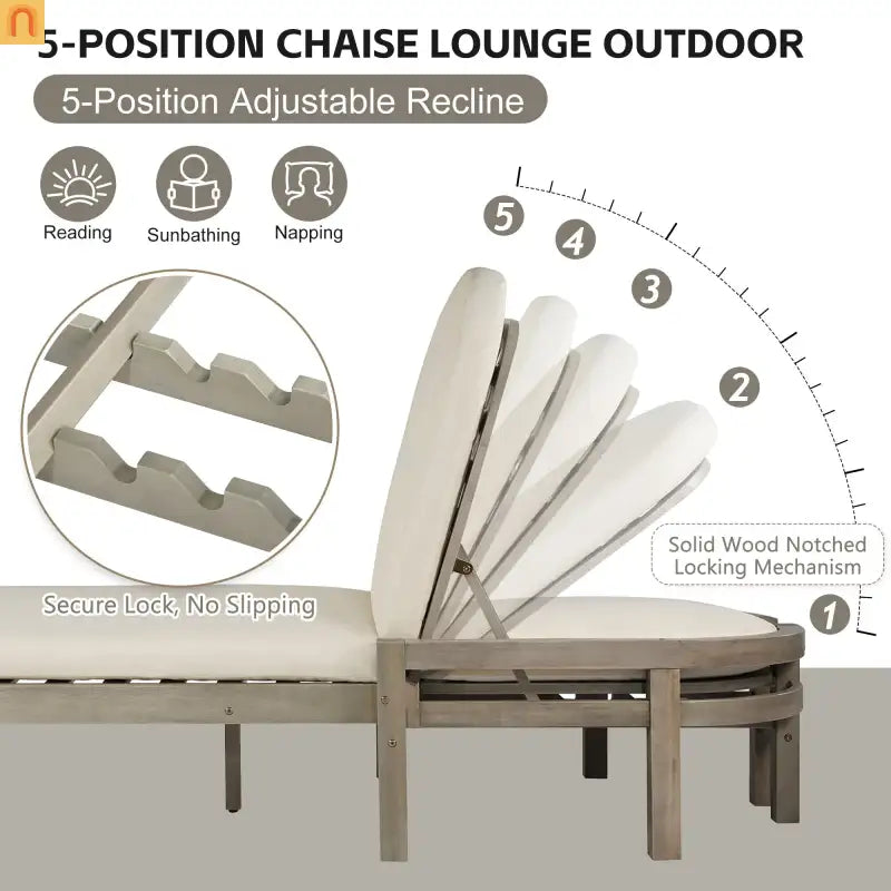 Outdoor Lounge Chair Acacia Wood Gray Arched Back 5 Position 78.2in