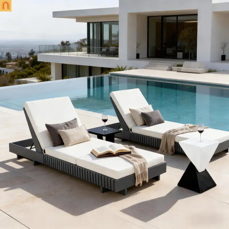 Chaise Lounge Acacia Wood Dark Gray Cream Cushion 6 Position 3-Fold