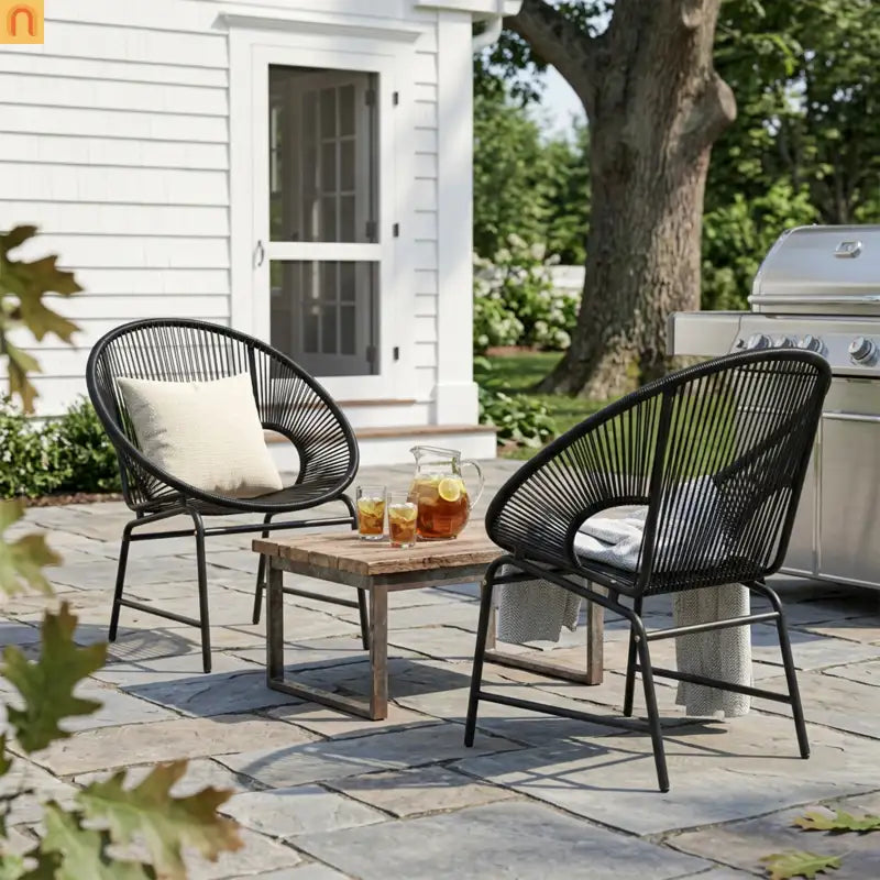 Outdoor Chair PE Rattan Iron Black Curved UV Resistant Set of 2