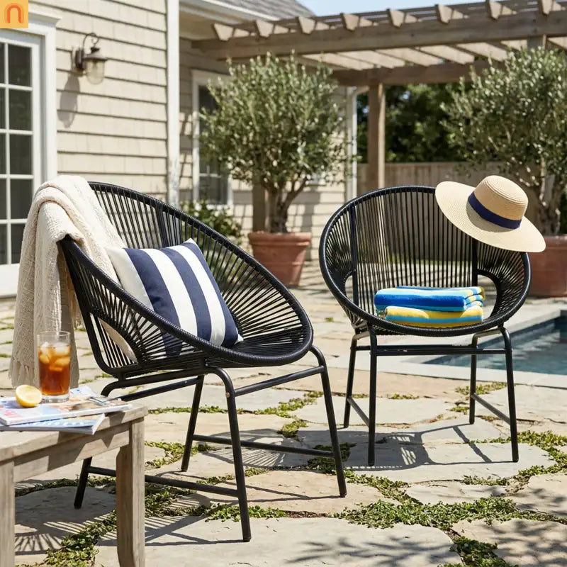 Outdoor Chair PE Rattan Iron Black Curved UV Resistant Set of 2