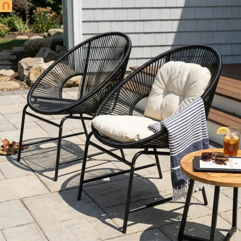 Outdoor Chair PE Rattan Iron Black Curved UV Resistant Set of 2