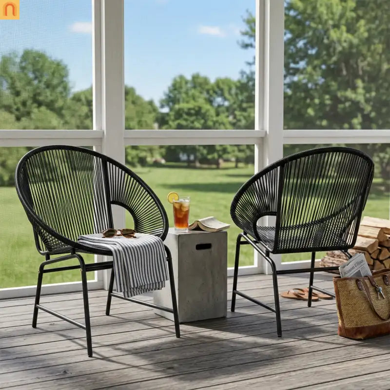 Outdoor Chair PE Rattan Iron Black Curved UV Resistant Set of 2